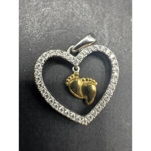 JCM Signed 925 Sterling Silver Gold Tone CZ Stone Baby Feet Heart Pendant